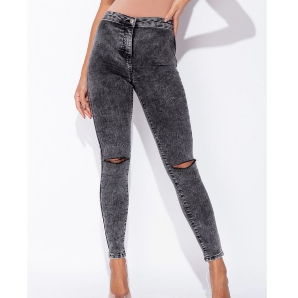 Gray Acid Wash High Waist Ripped Distressed Skinny Denim Jeggings Pants - Picture 2 of 10